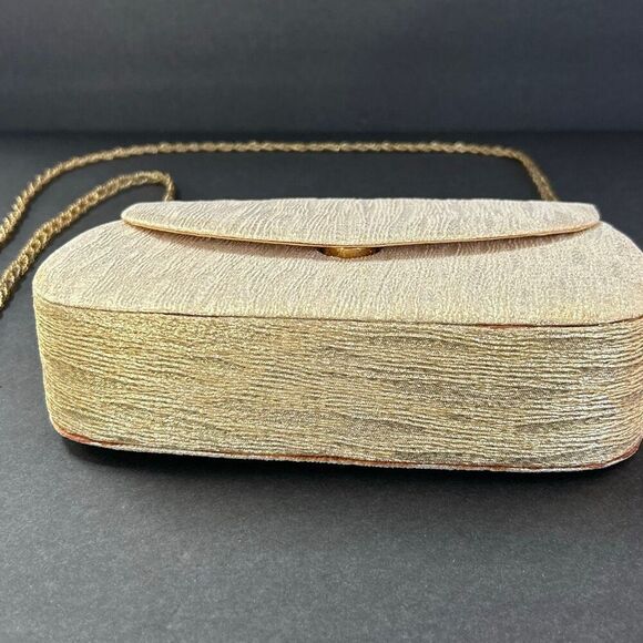 Vtg Gold Metallic Clutch Purse Handbag w/Beaded Shoulder Strap Option - Picture 6 of 12